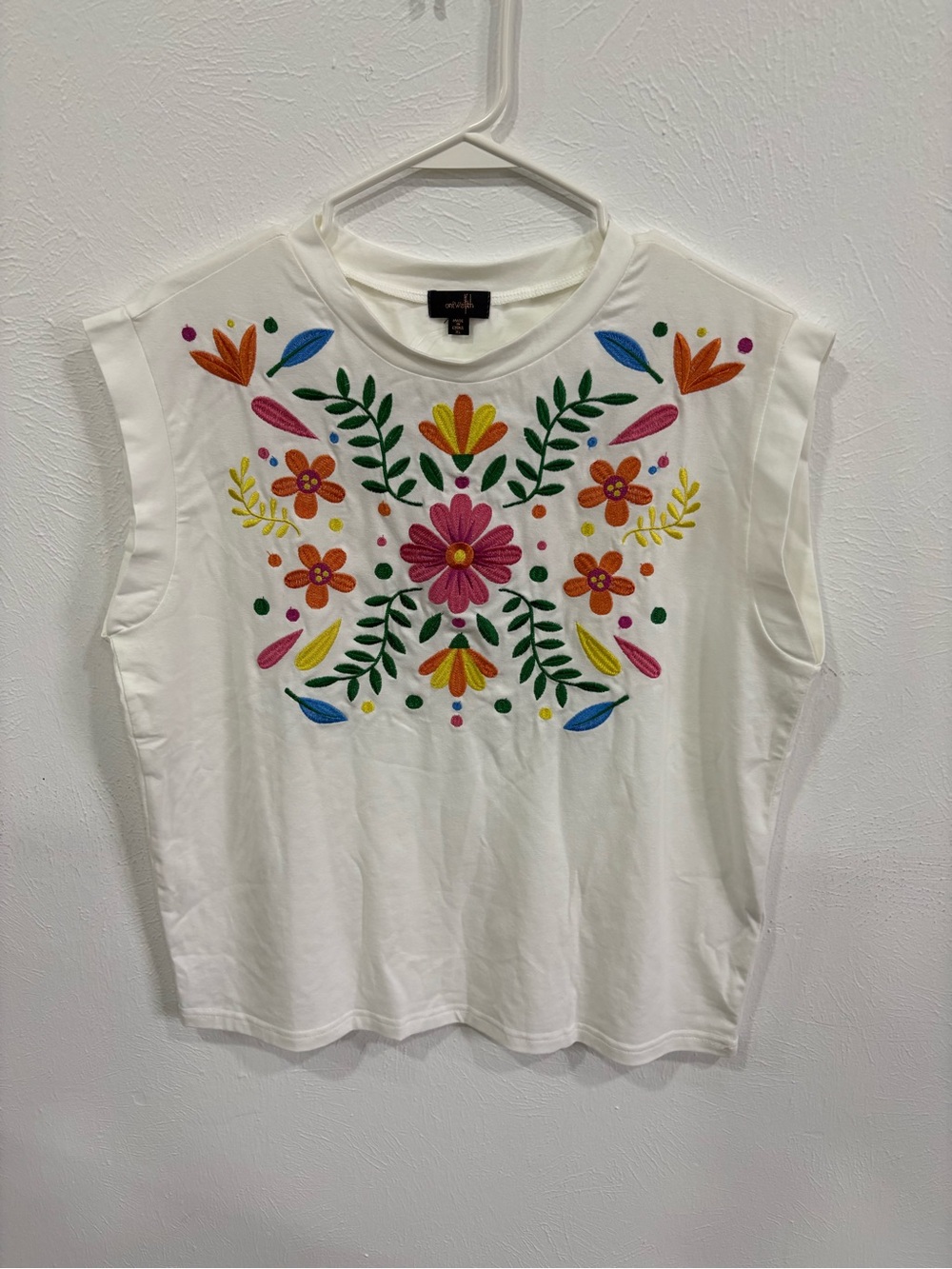ONE WORLD White Sleeveless Top with Multicolor Floral Embroidery